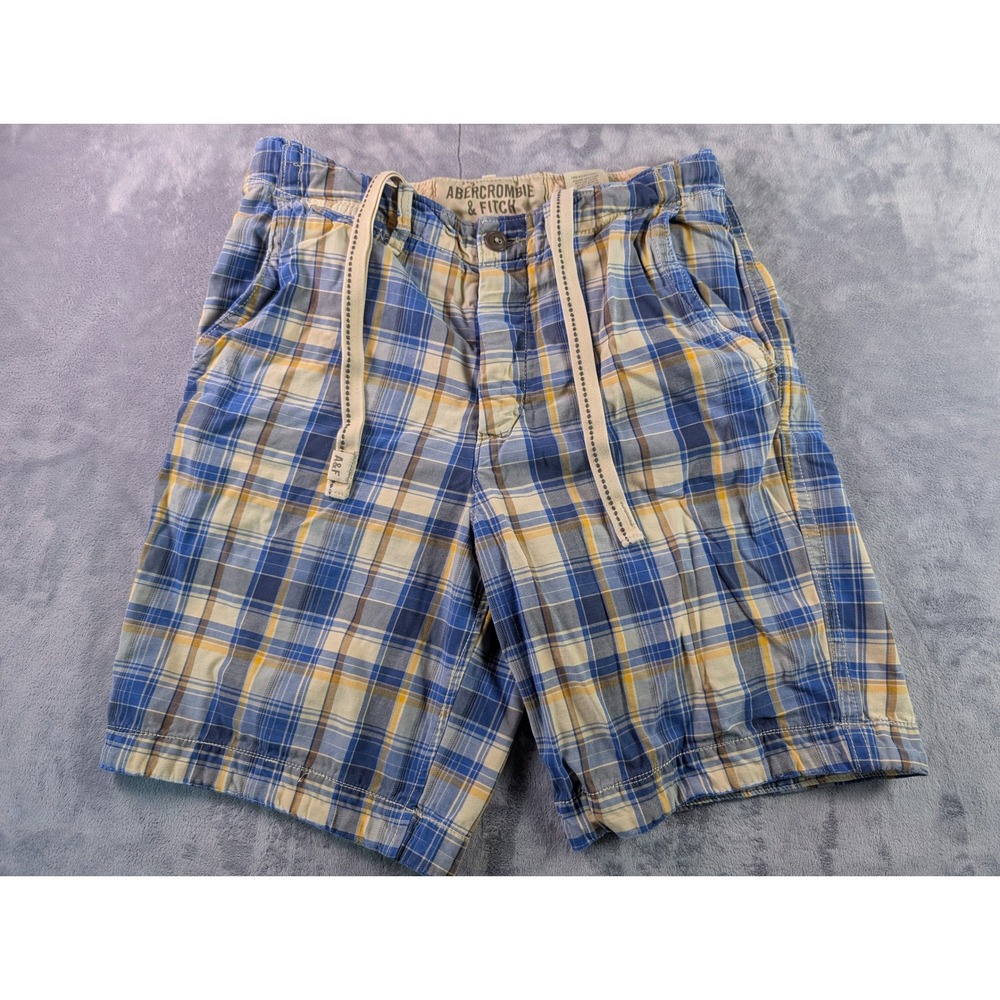 Abercrombie & Fitch Men's 32 Blue Yellow Plaid Cargo Shorts Cotton Drawstring